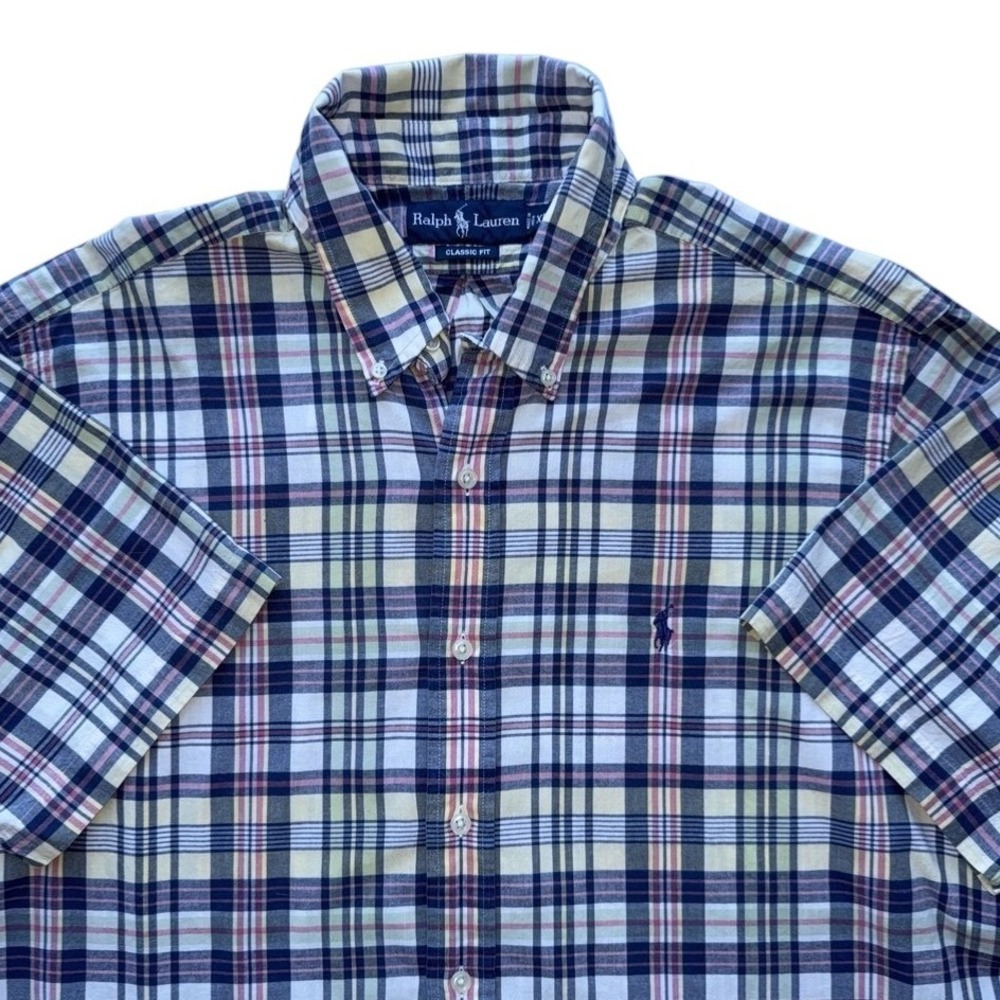 Ralph Lauren VTG Button Down Mens XL Blue Pink Plaid Classic Fit Short Sleeve